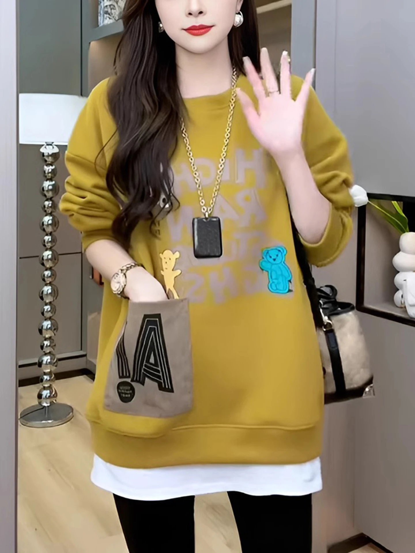 

Модная женская толстовка-куртка с длинными рукавами для ранней осени, имитация двухслойности, удлиненная, прикрывающая бедра, верхняя одежда средней длины