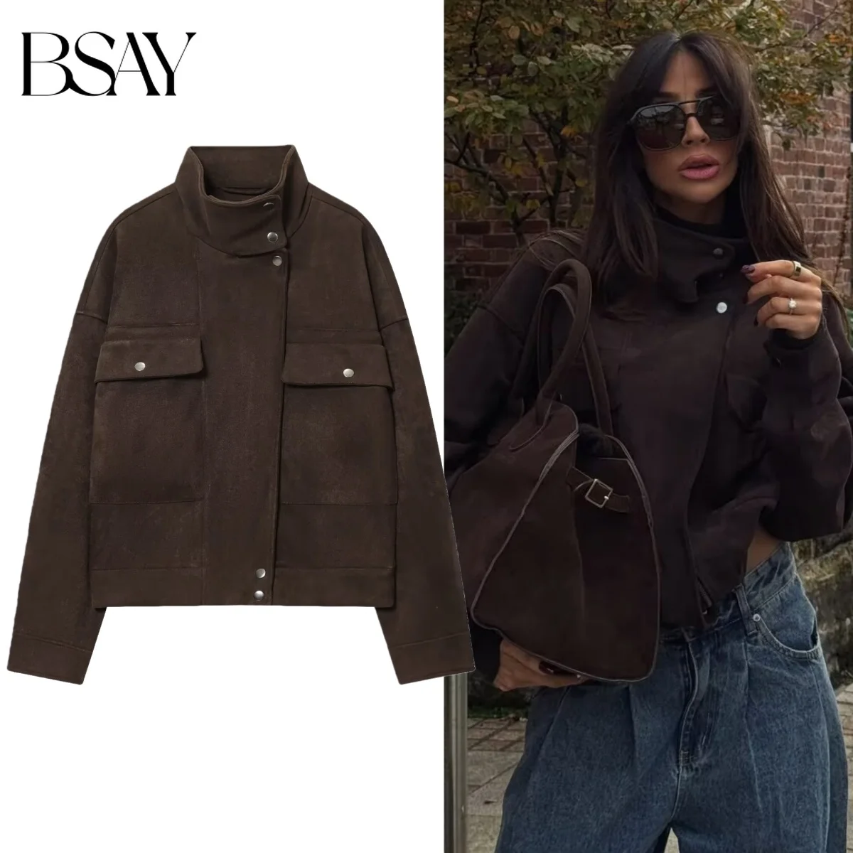 

BSAY Loose Pilot Suede Jacket for Women Fashion Autumn Winter New Solid Long-sleeved Zip Pockets Short Coats Chic Female Tops