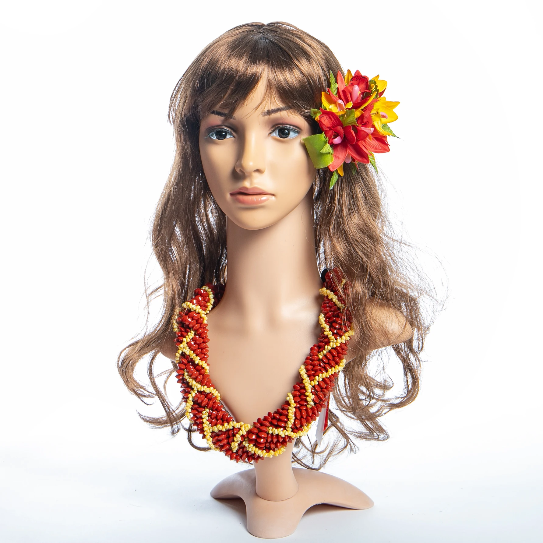Hula Dance Samoan Lopa Necklace Red Lucky Seeds With Yellow White Mongo Shell Braided Ula Lopa Set Luxury Hawaii Wiliwili Lei