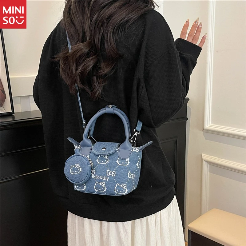 Miniso Denim Kitten Print Bag 2025, Cute Dumpling Hobo Purse with Crossbody Strap