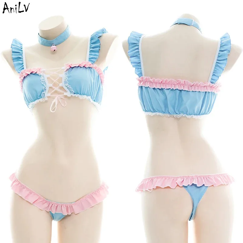 AniLV อะนิเมะ Lolita สาวชุดแม่บ้านชุดนอนชุดว่ายน้ําผู้หญิงการ์ตูนน่ารัก Kawaii นักเรียนสีชมพูชุดชั้นในชุดคอสเพลย์