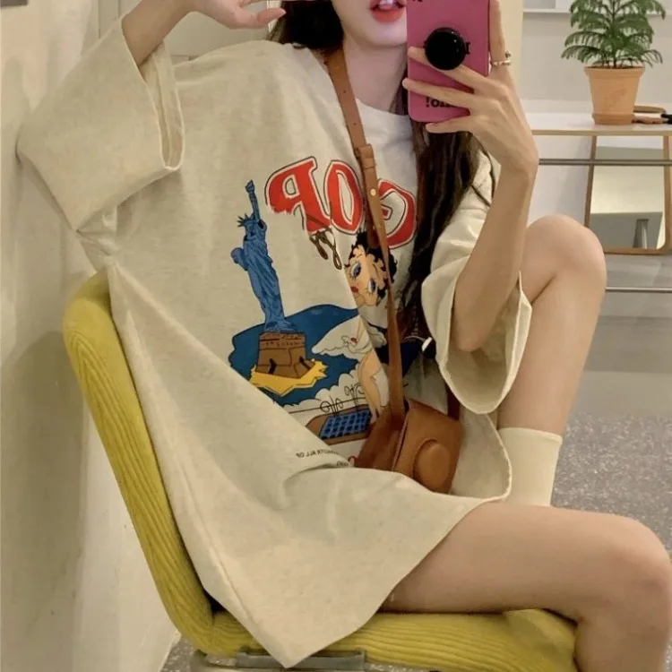 Oversized Cartoon Printed T-shirt Women 2024 Spring Summer Mid-length Tee Shirt Y2k Harajuku Half Sleeve Loose Female Tops