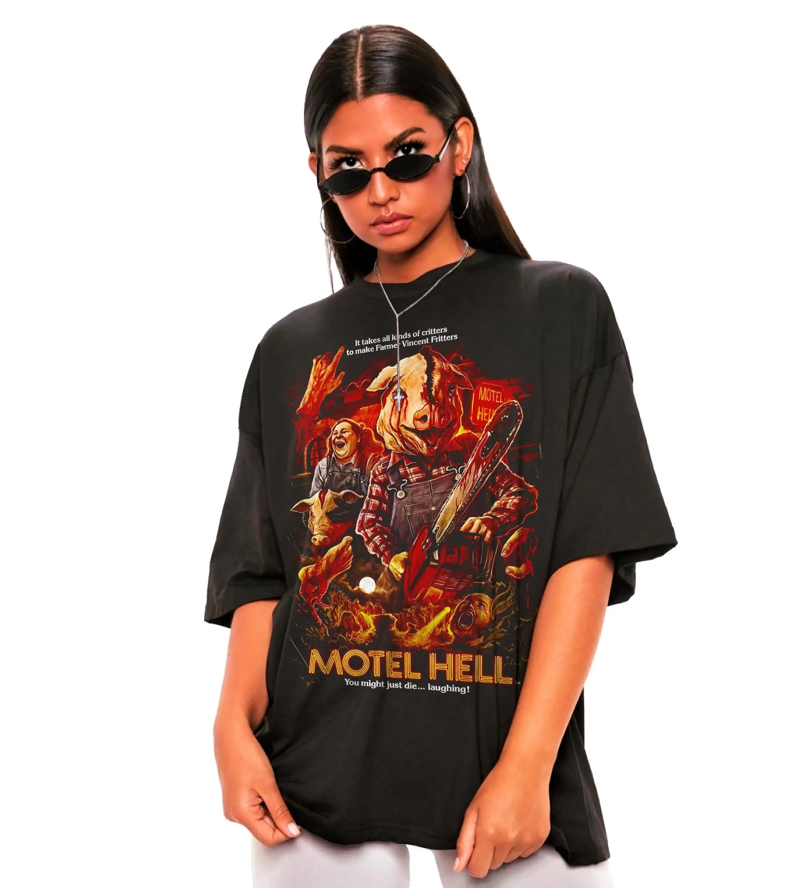 

Summer Hot Selling Hell's Motel 1980s Horror Movie Shirt - Retro Halloween Gift, Women's Round Neck Short Sleeve