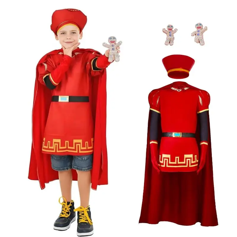 

Boys Lord Farquaad Costumes King Outfits Halloween Evil King Robe Cloak Red Top Hat Anime Cosplay Party Dress Up