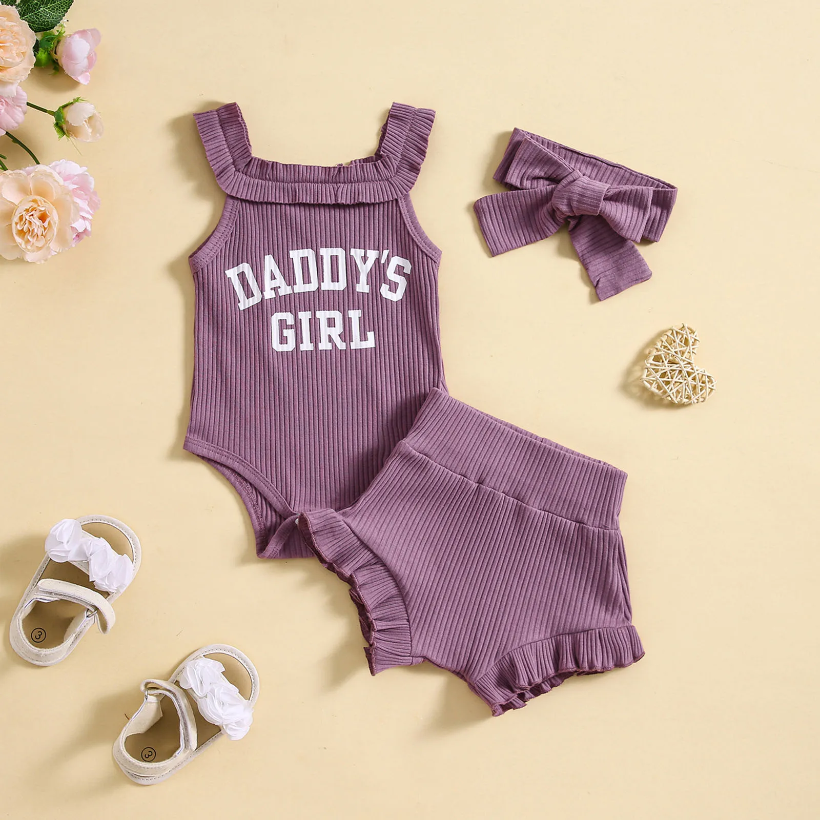 

Ribbed Sleeveless Summer Newborn Baby Girls Clothing Sets 3PCS Letter Print Romper PP Shorts Headband Little Baby Clothes 0-18M