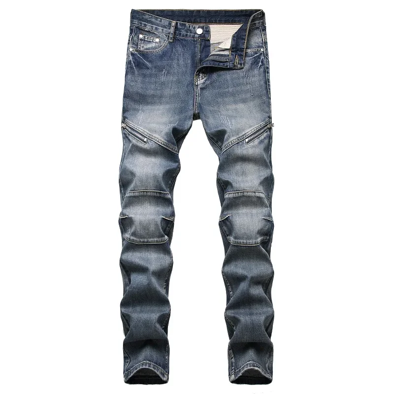 

Spring Autumn New Men's Straight Slim Jeans Fashion Personality Nostalgic Blue Zipper Decorated Denim Trousers Man Pants