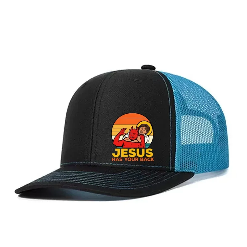 JESUS HAS YOUR BACK Printed Adjustable Baseball Cap Snapback Dad Hat Breathable Trucker Mesh Hat Golf Fishing Outdoor Sun Cap