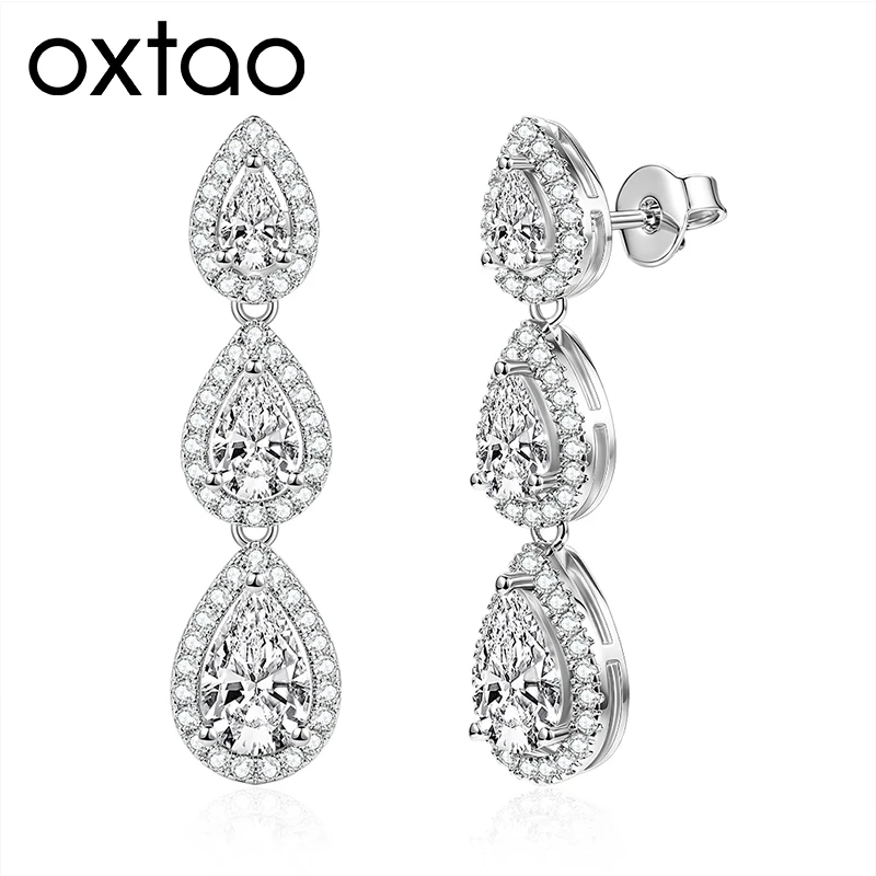 OXTAO 3-Stone Pear Cut 5A CZ Halo Drop Earrings for Women Girl Birthday Party Gift D VVS1 for Women Tassel Moissanite Dangle Earrings 14K Gold Filled
