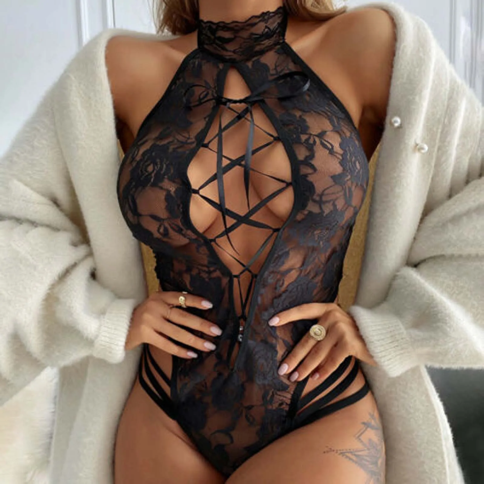 Hot Sexy Cut Out Lingerie Lace Halter Babydoll Plus Size Perforate Underwear Teddies Bodysuits Sleepwear Body Suits Bodysuits