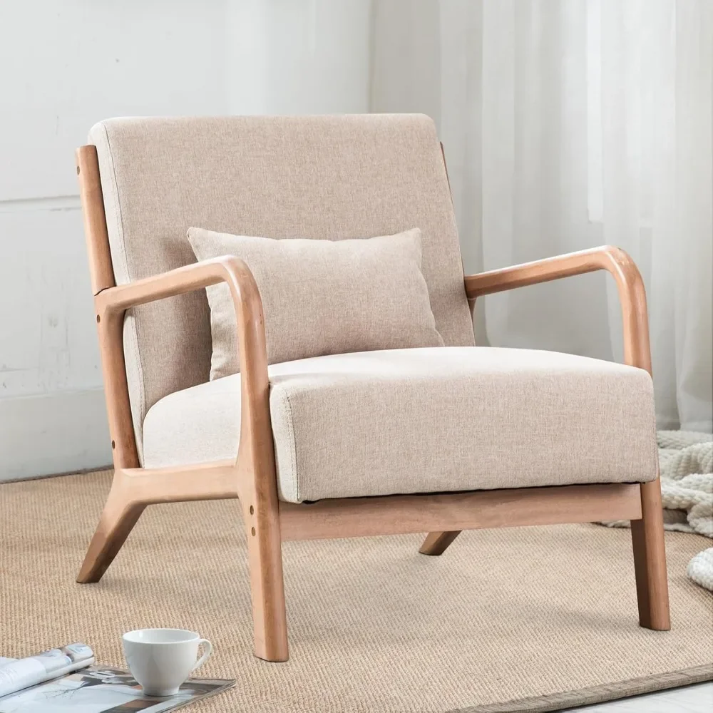 

Mid Century Modern Accent Chair with Wood Frame, Upholstered Living Room Chairs with Waist Cushion, Reading Armchair