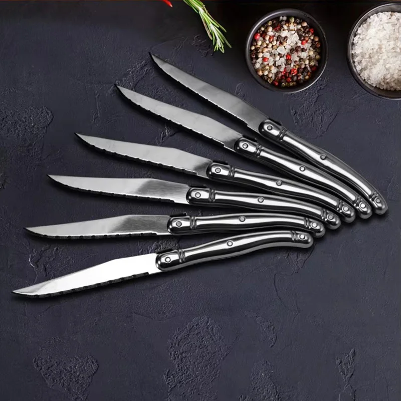 Jaswehome 6pcs Steak Knives Serrated Edge Sharp Light Premium Dishwasher Safe Stainless Steel Knife Set Laguiole Silverware