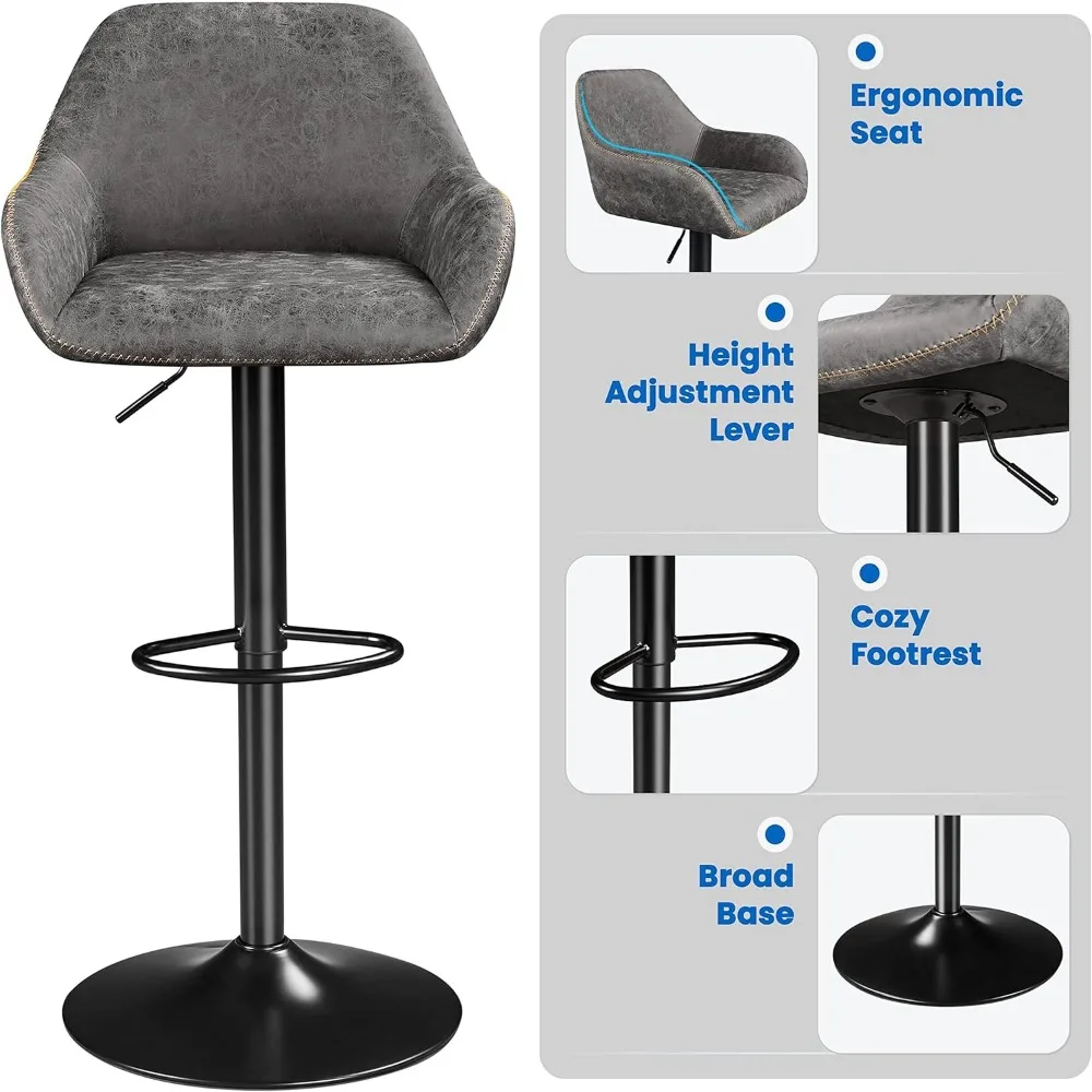 Conjunto de 4 bancos de bar, bancos de bar giratórios de couro PU com altura de balcão, cadeiras de bar ajustáveis com encosto e apoio para os pés