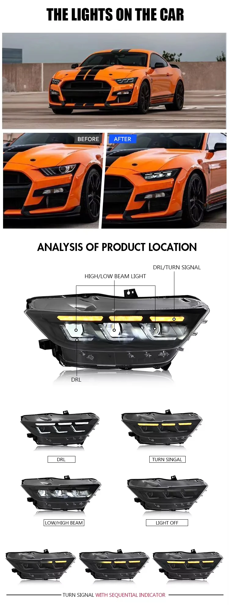 المصابيح الأمامية LED الكاملة ترقية المصابيح الأمامية لفورد موستانج 2015-2017 DRL