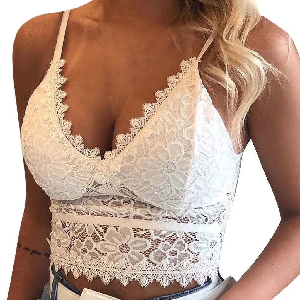 Ladies' Sexy High Street Lace Patchwork Perspective Slim Fitting Vest Crop Wireless Bra Lingerie Daily V-Neck Underwear Camisole