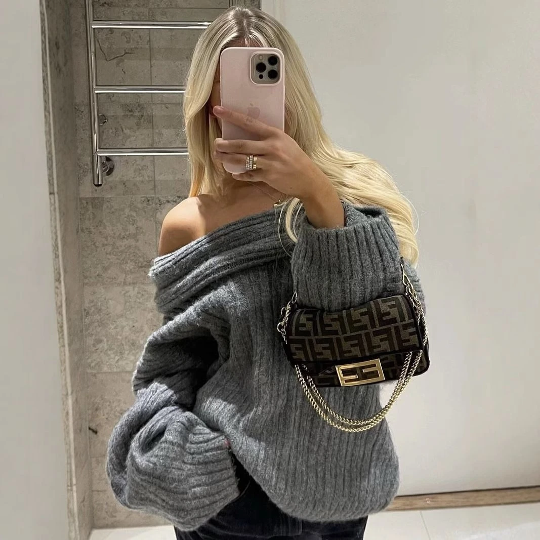 

Lazy Wind Off-the-shoulder One-word Neck Sweater Women's Season Simple Long-sleeved Knitting