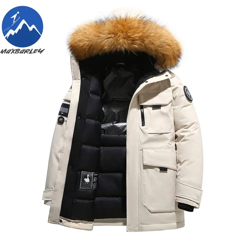 

Maxbarley Ski Down Jacket Men Winter White 90Duck Down Hooded Fur Collar Parka Luxury Snow Thick Warm Embroidered Design puffer