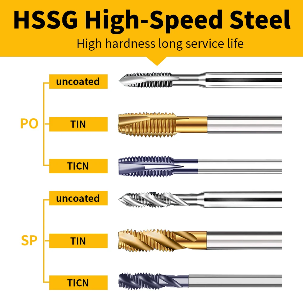 Titanium-plated extended spiral taps, made of fully ground high-speed steel, long shank: M2, M2.5, M3, M4, M5, M6, M8, M10, M12