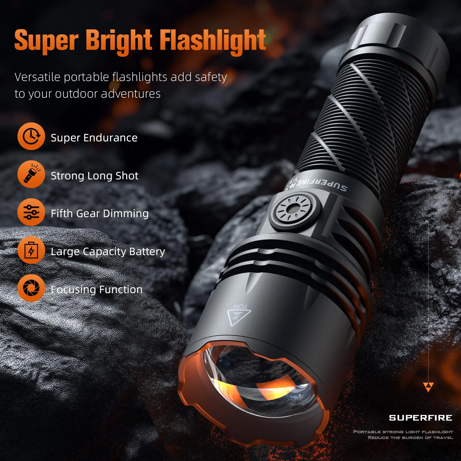 SUPERFIRE Y37 High Power Led Flashlight 950LM Zoomable Torch 5 Lighting Modes Type-C Charging Camping Fishing Emergency Lantern