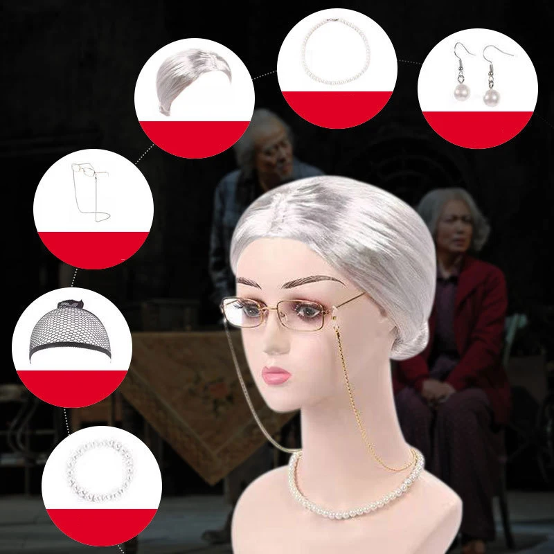 7 Uds. Conjunto de vestido de Cosplay de abuela y anciana, conjunto de disfraz de 100 días de escuela, accesorios para actuación en escenario de abuela, traje de juego de rol