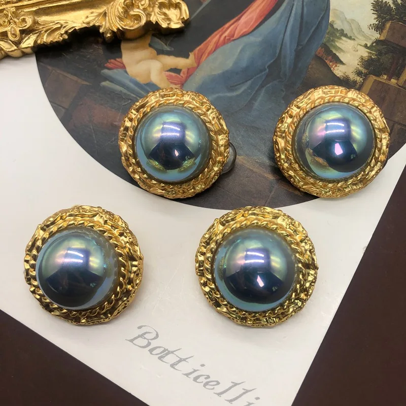 electroplated silver needle round stud earrings colorful cat's eye horse colored oyster pearl earrings