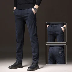 Spring Autumn Plaid Stretch Pants Men Slim Business Grey Black Blue Casual Pant Fashion Male Clothing England Trousers