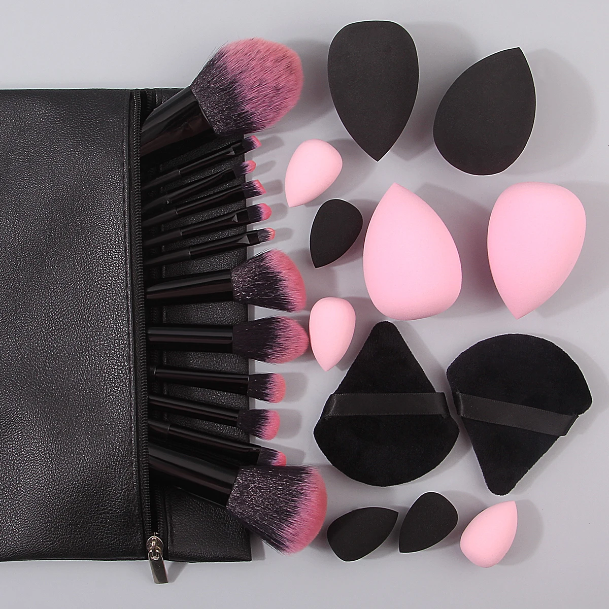 12 pçs conjunto de escova de maquiagem facial multifuncional macio + 12 pçs seco e molhado dupla finalidade beleza ovo em pó puff + 1 pçs saco de armazenamento