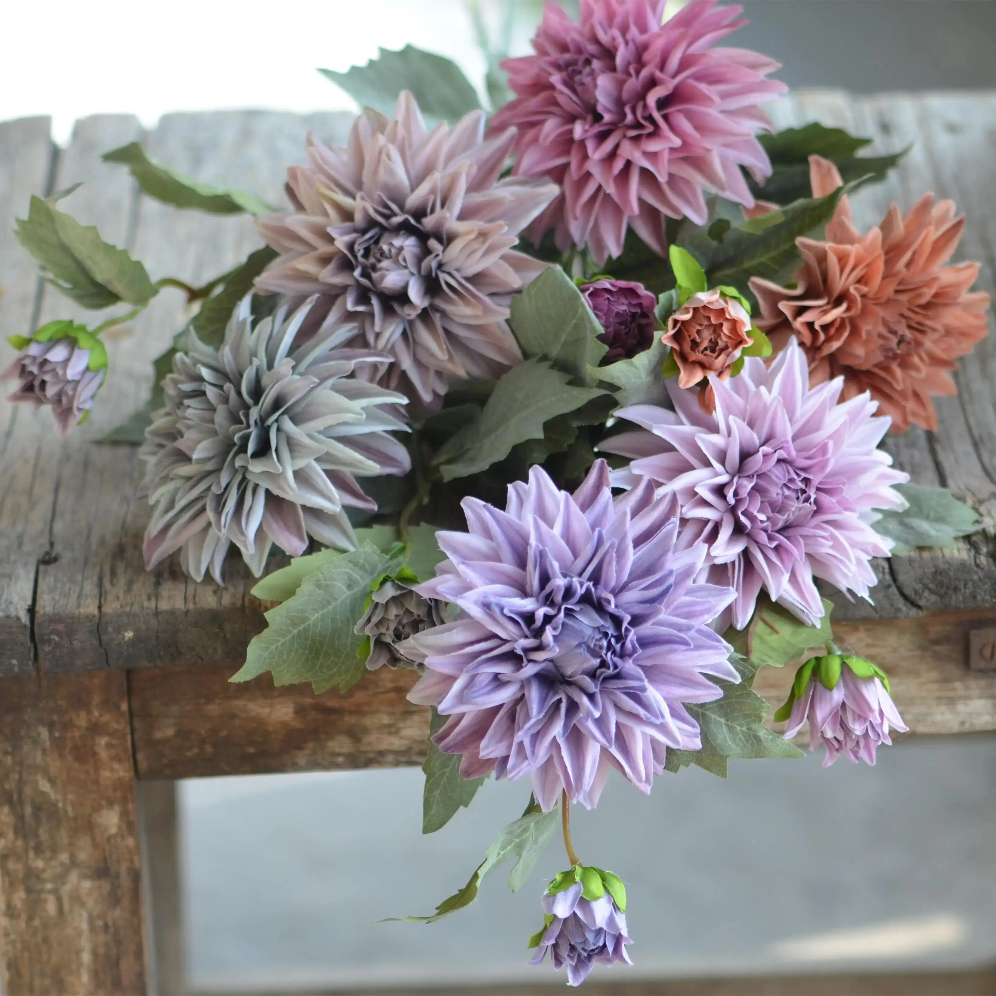 Dusty Brown Mauve Lilac Green Faux Dahlia, Gradient Special Colors Fake Dahlia, Home Decor Artificial Dahlia Flowers