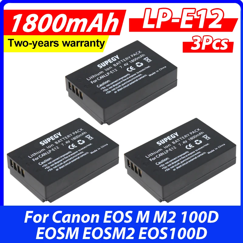 7.4v 1800mAh LP-E12 LPE12 LP E12 Rechargeable Camera batteries(3 Pack) for Canon EOS M M2 100D EOSM EOSM2 EOS100D