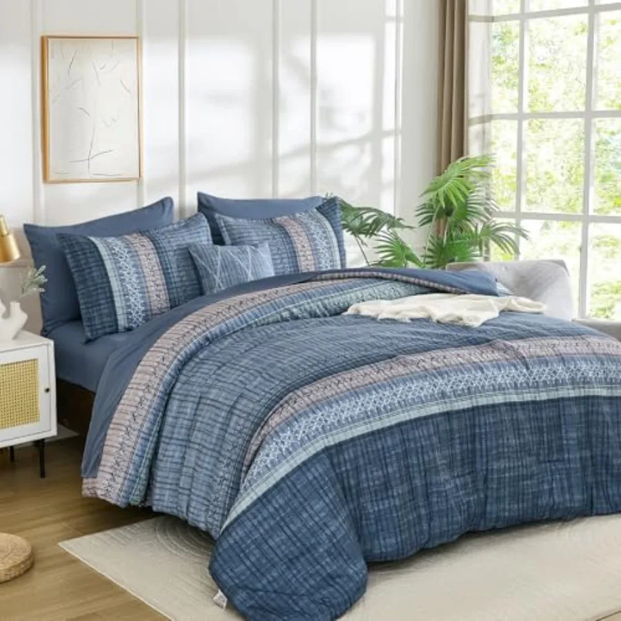 

Comforter Set King Size, 8 Pieces Boho Striped Bed in a Bag Soft Microfiber Bedding Set for All Season