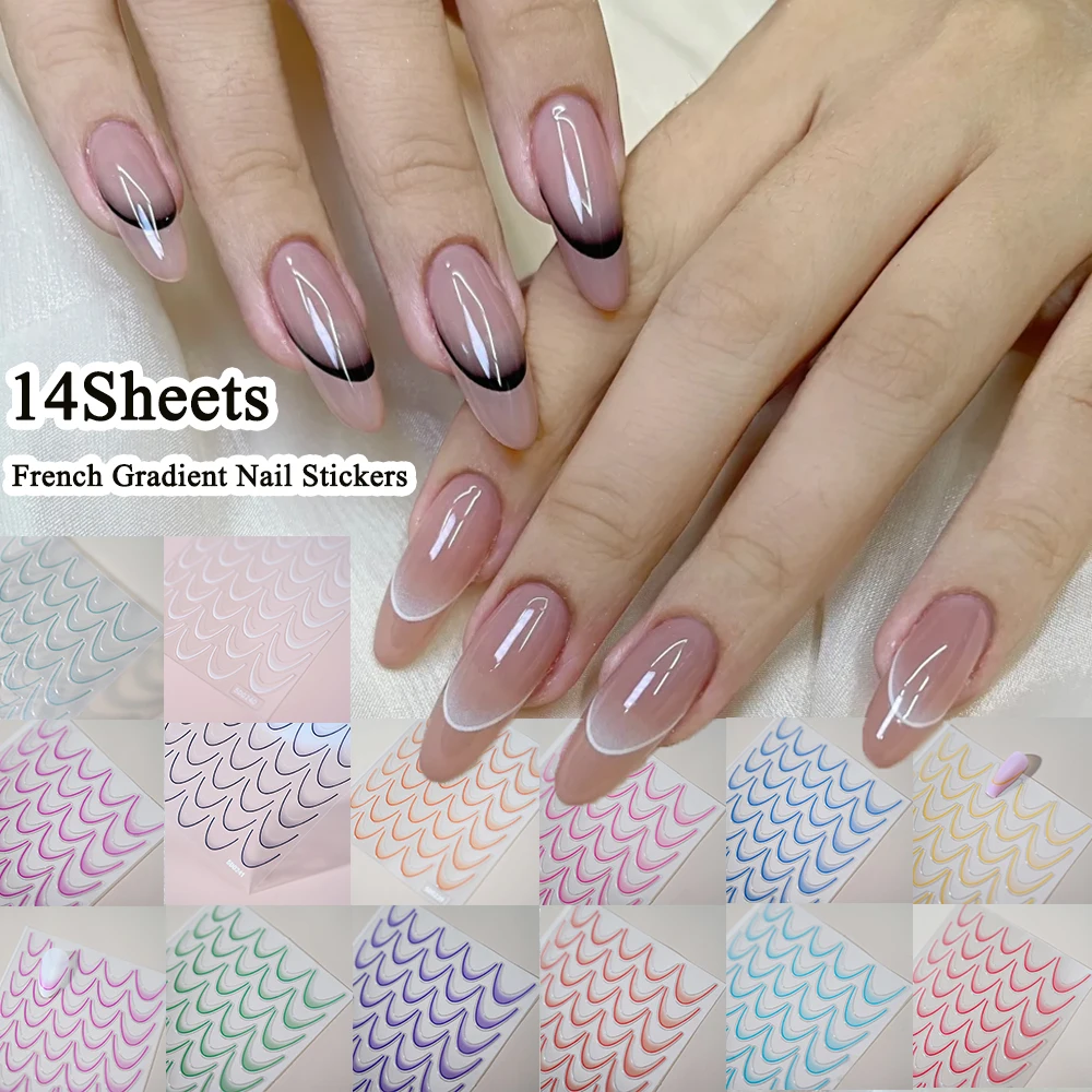 14pcs French Gradient Nail Art Stickers Set 5D White/Black Wave Line Ink Blossoms Water Transfer Slider Decals Nail Stencil Tool