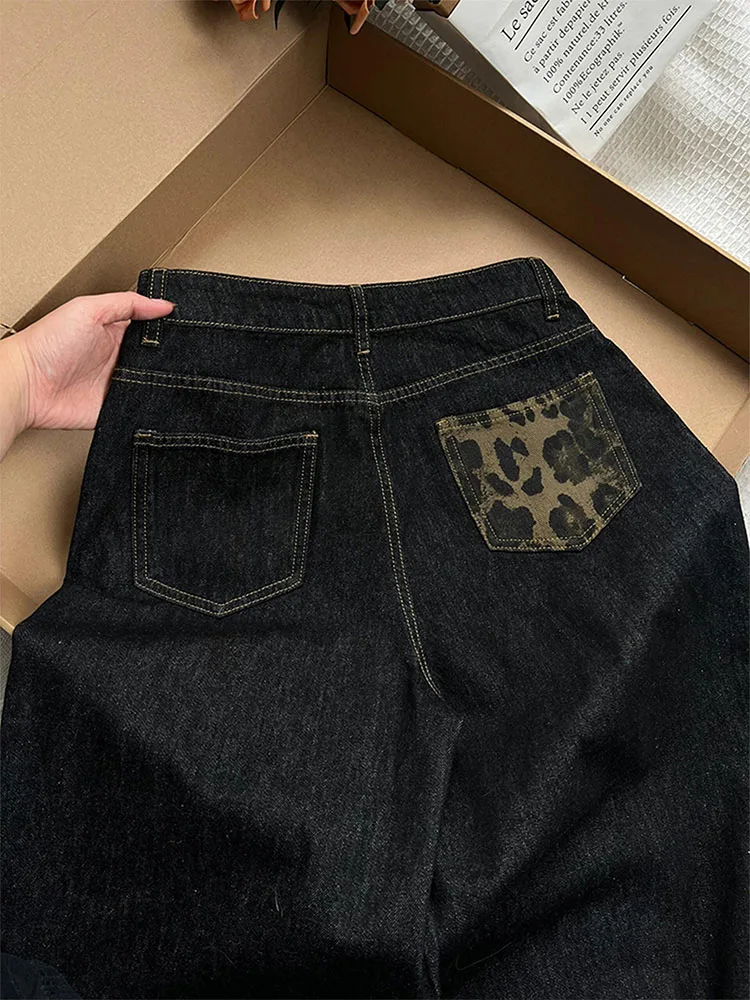 العصرية بلا ليوبارد طباعة واسعة الساق الجينز المرأة عادية عالية الخصر الدنيم السراويل ربيع الخريف حجم كبير طالب الطابق طول