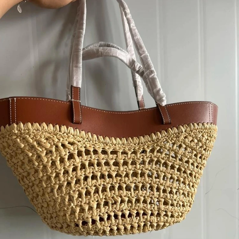 

Luxury Raffia Straw Tote Bag,French Style Beach Travel Women Bucket Shoulder Bag,Leather Splicing Woven Large Capacity Handbag