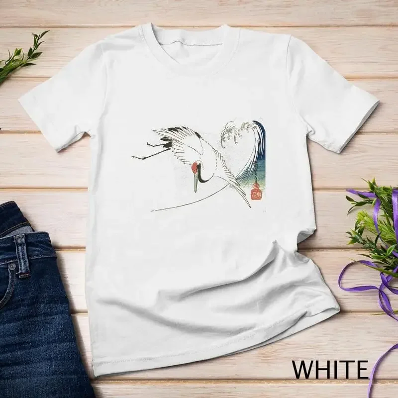 Vintage Japanese Fine Art Crane Bird Flying Over Ocean Wave Unisex T shirt