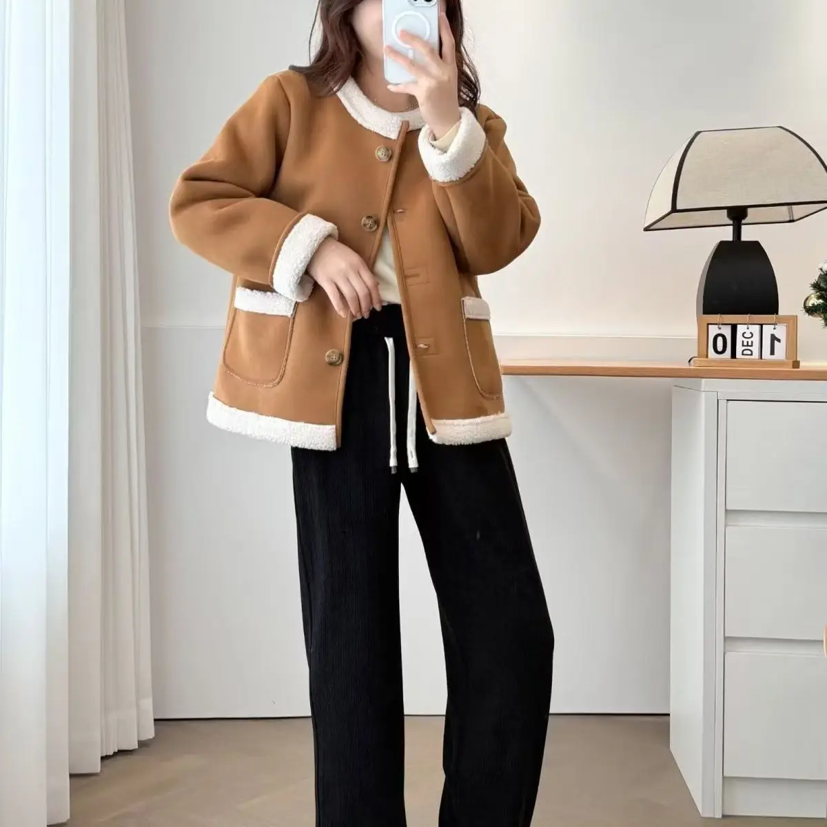 جاكيت تويد نسائي بأكمام طويلة للخريف مع شراشيب متعدد الوظائف، سترة بومبر مزدوجة الجانب مرنة مع رقع وأصفاد وأزرار