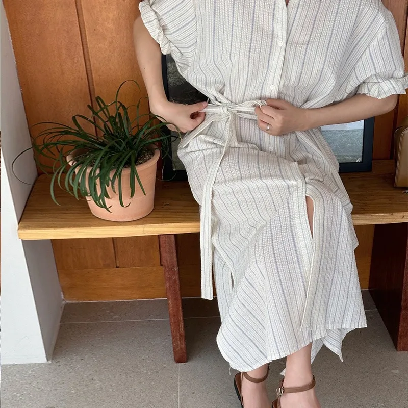 Contrast Stripe Vestidos Shirts Dresses Lace-up Tunic Split Dress Single Breasted Vestido Mujer Laple Neck Women 2025 Robes