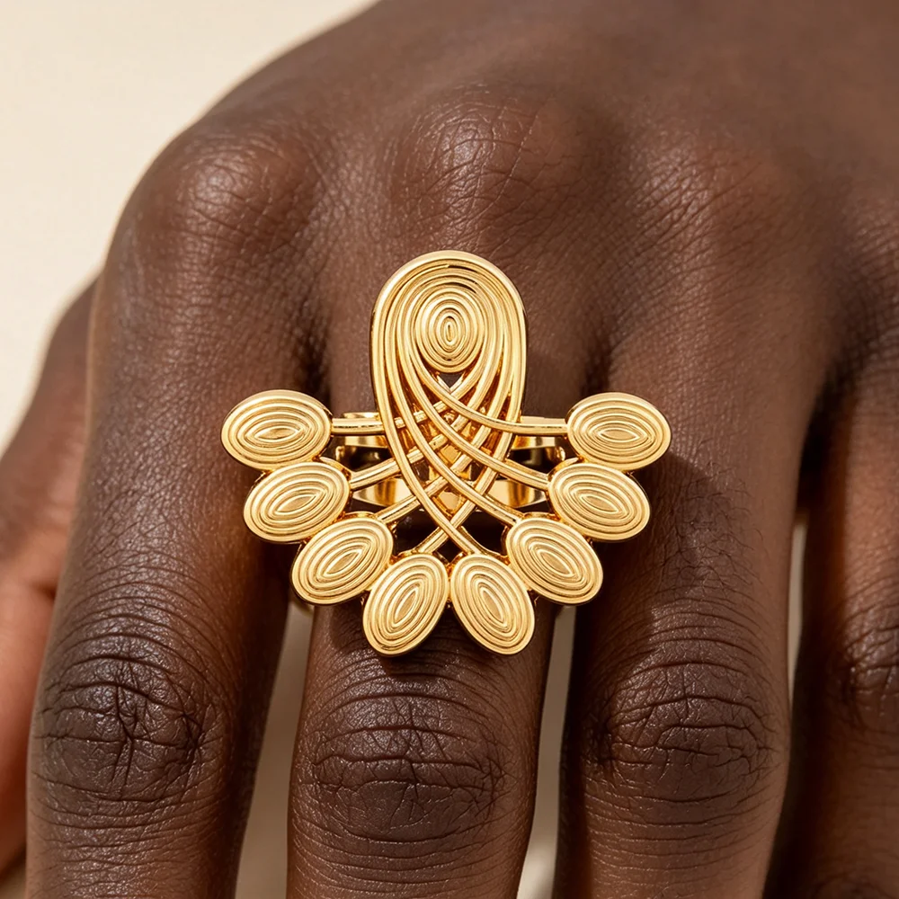 Vintage 18K vergoldetes florales geflochtenes Ohrringe-Ring-Set für Damen, afrikanischer ethnischer Statement-Schmuck, Hochzeitsgeschenk – Detail 8