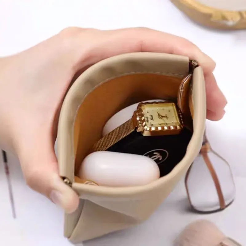 Mini Pocket Cosmetic Bag PU Leather Makeup Bag Portable Square Travel Squeeze Top Make Up Bags for Lipstick Card Coin