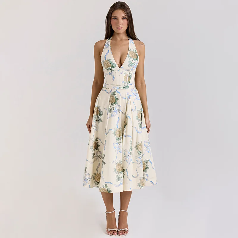 

Deep V Waist Cinched A-Line Printed Vacation Long Dress, New Neck Hanging Dress