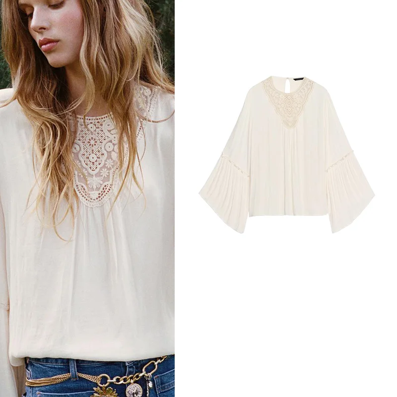 

Spring Summer New Women's Long Sve Pleated round Ne irt Layered Decorative Small Flared Cuff 308842 Commute Sle Loo...