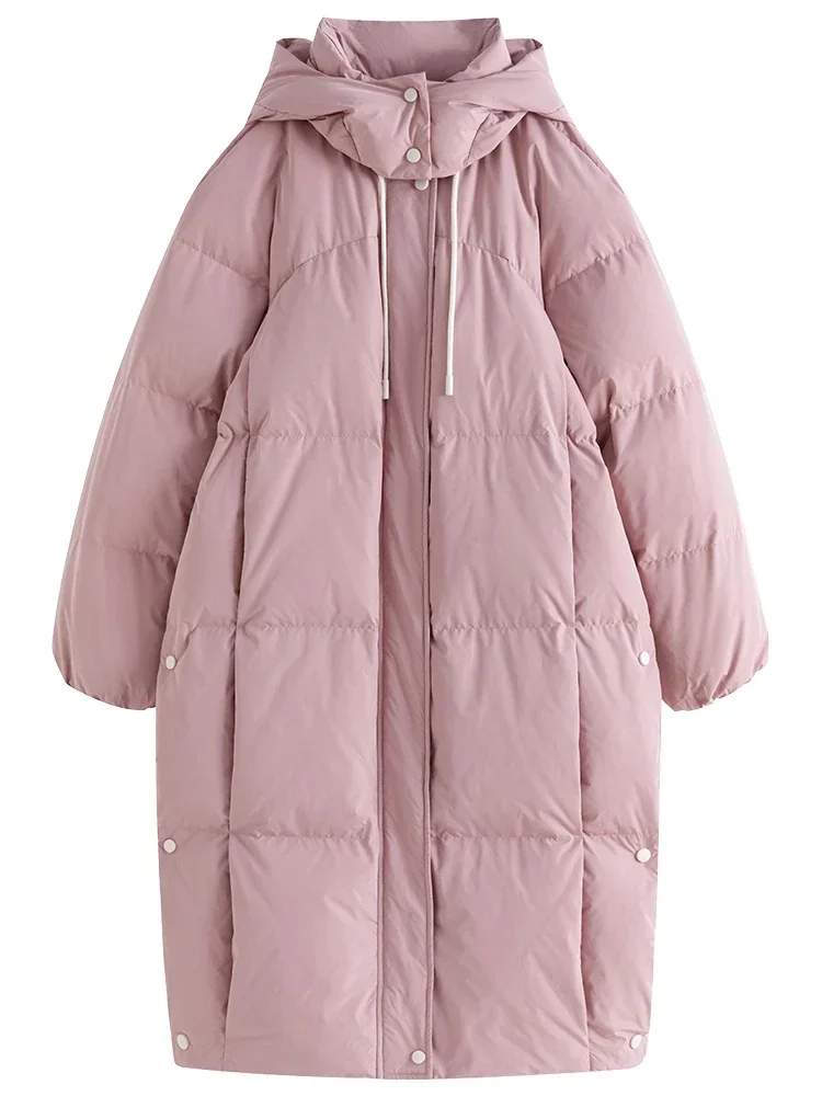 FSLE 142G Filling Capacity Hooded Long Women Pink Down Jackets 2023 Winter New Casual Detachable Hood Khaki Female Down Coat