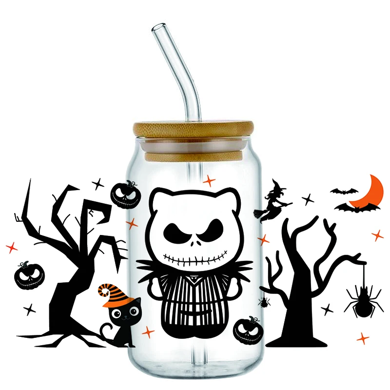 Miniso 3D Halloween Kitty Cat Design DIY Mug UV DTF Transfer Sticker Waterproof Transfers Decals for 16oz Glass Cup Wrap