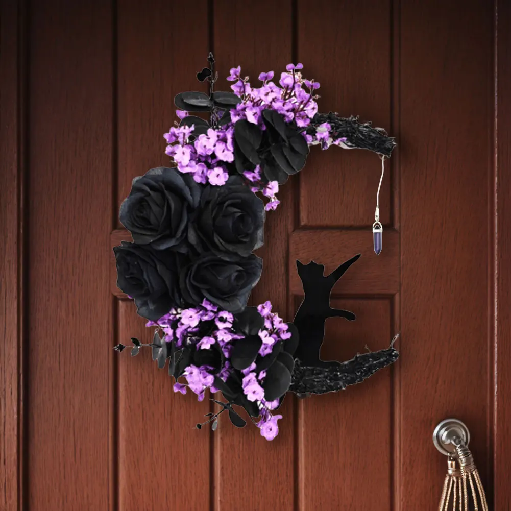Handmade ประดิษฐ์ Moon Cat Garland ฮาโลวีนพวงหรีดดวงจันทร์สีดําแมวฮาโลวีนพวงหรีดประตูแมวตกแต่งฮาโลวีน