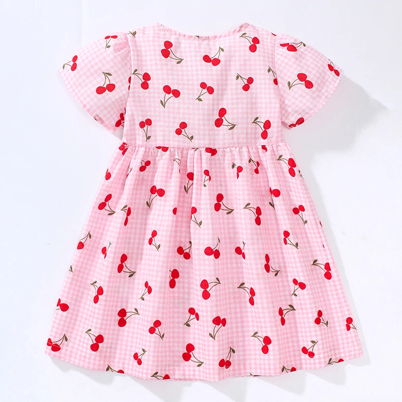 Little maven Children\'s Clothing 2024 Baby Girls Pink Dresses Cartoon Cherry Summer Holiday Dresses Kids Clothes Party Dress