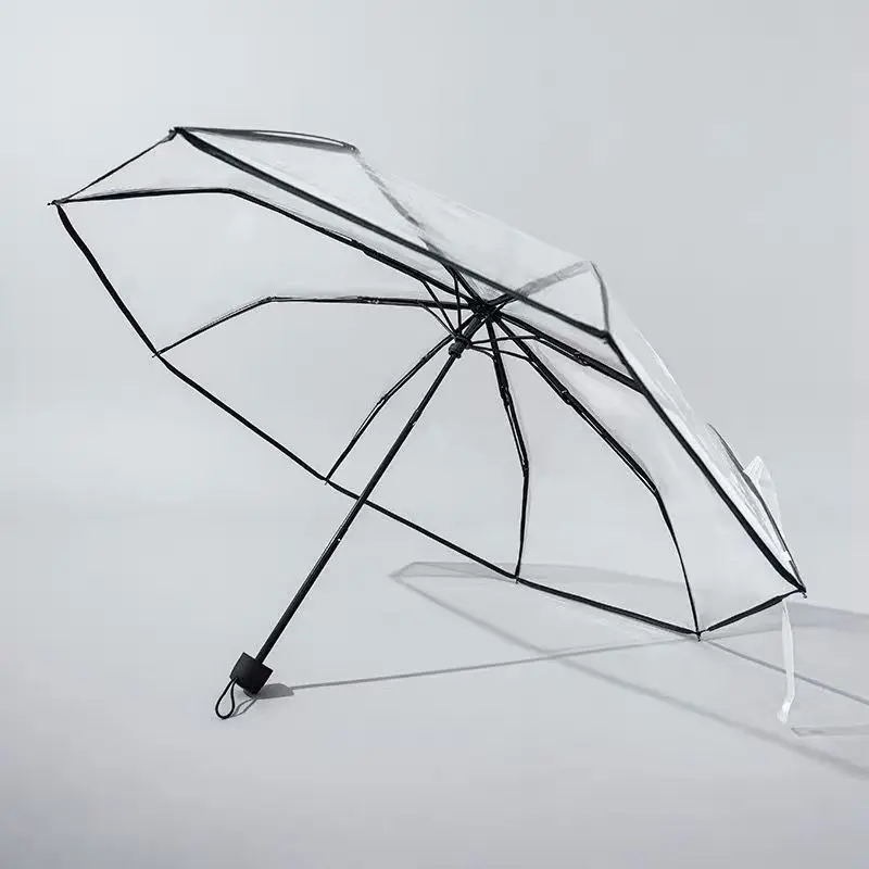 Transparent Folding Non-automatic Umbrella Men Ripple Edge Black Business Rain Umbrella Women Plastic Clear Ladies Parasol