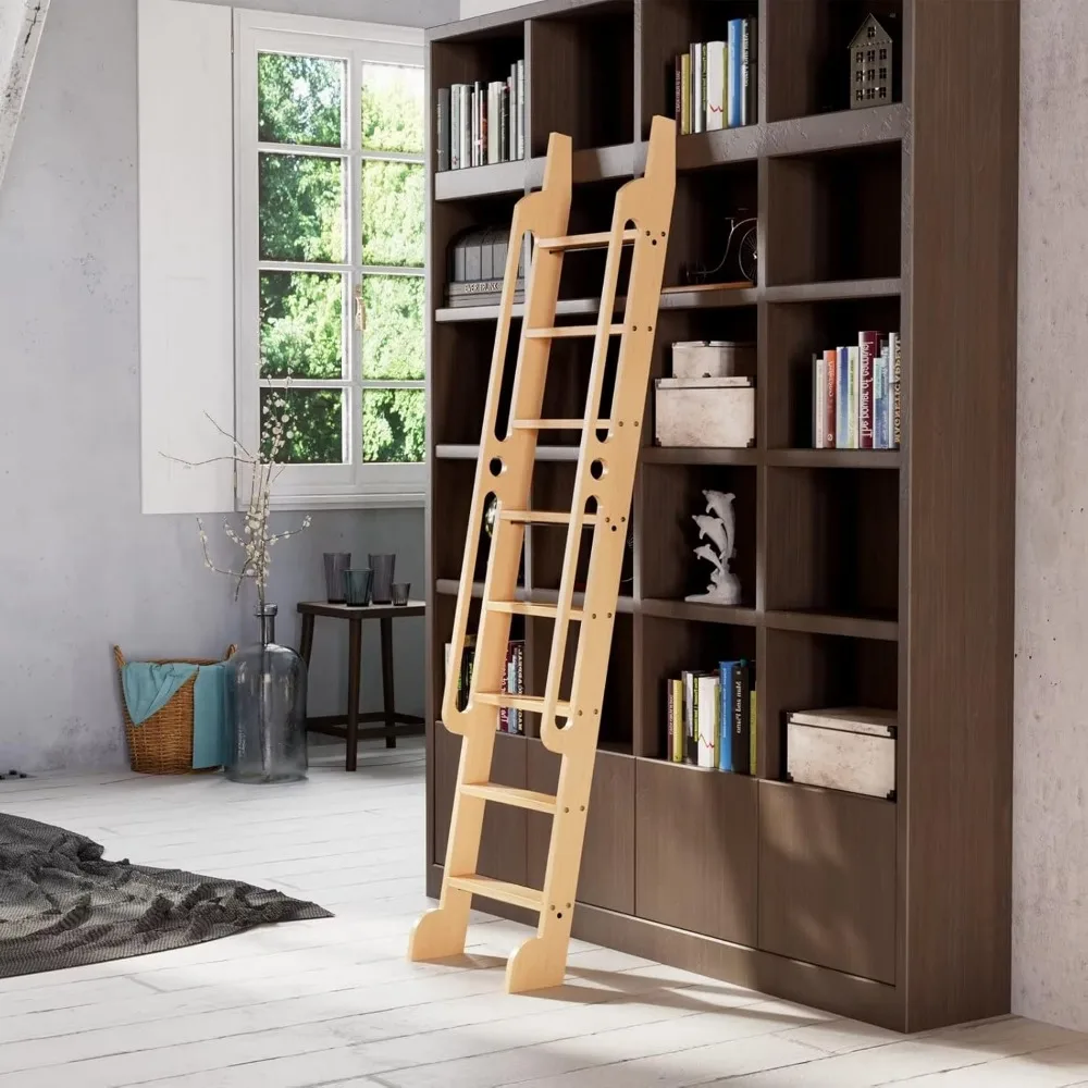 7 ft Rolling Library Ladder,Multi-use for Bookshelf/Loft Stairs, Sturdy Wood Step and Build-in HandrailRed Oak Total Length 86.7