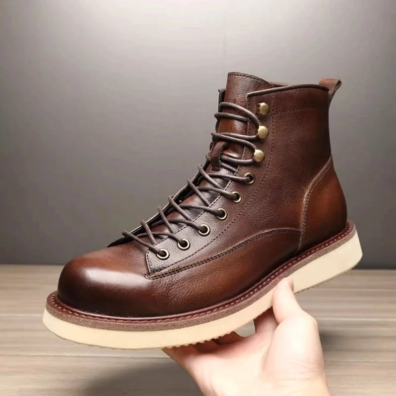 

Fashion High-quality Loafers Men's Genuine Leather Motorcycle Boots Mid-calf Hiking Shoes British high top Walking Sneakers