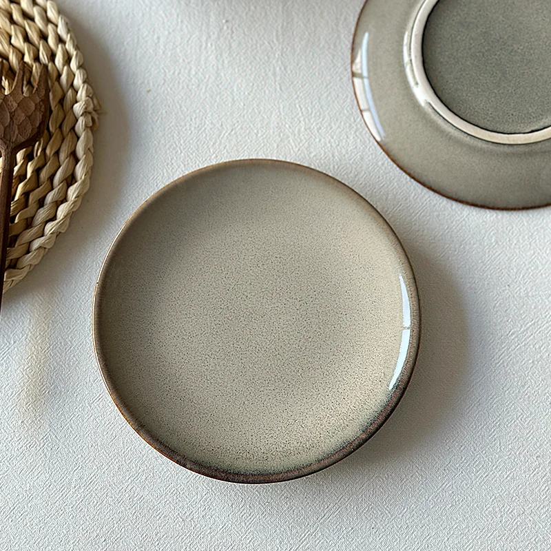 Japanese Retro Ceramic Plate Kiln Transformed Afternoon Tea Snack Pastry Flat Dish Household Simple Breakfast Bread Round Plates
