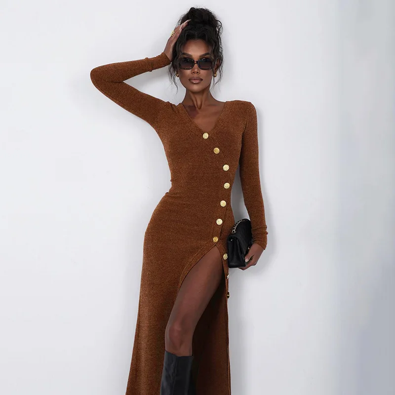 Solid Knitted V-neck Long Sleeved TighT Fitting Single Breasted Contrasting Color Split Slim Fit TemperamenT ElEgant Dress One