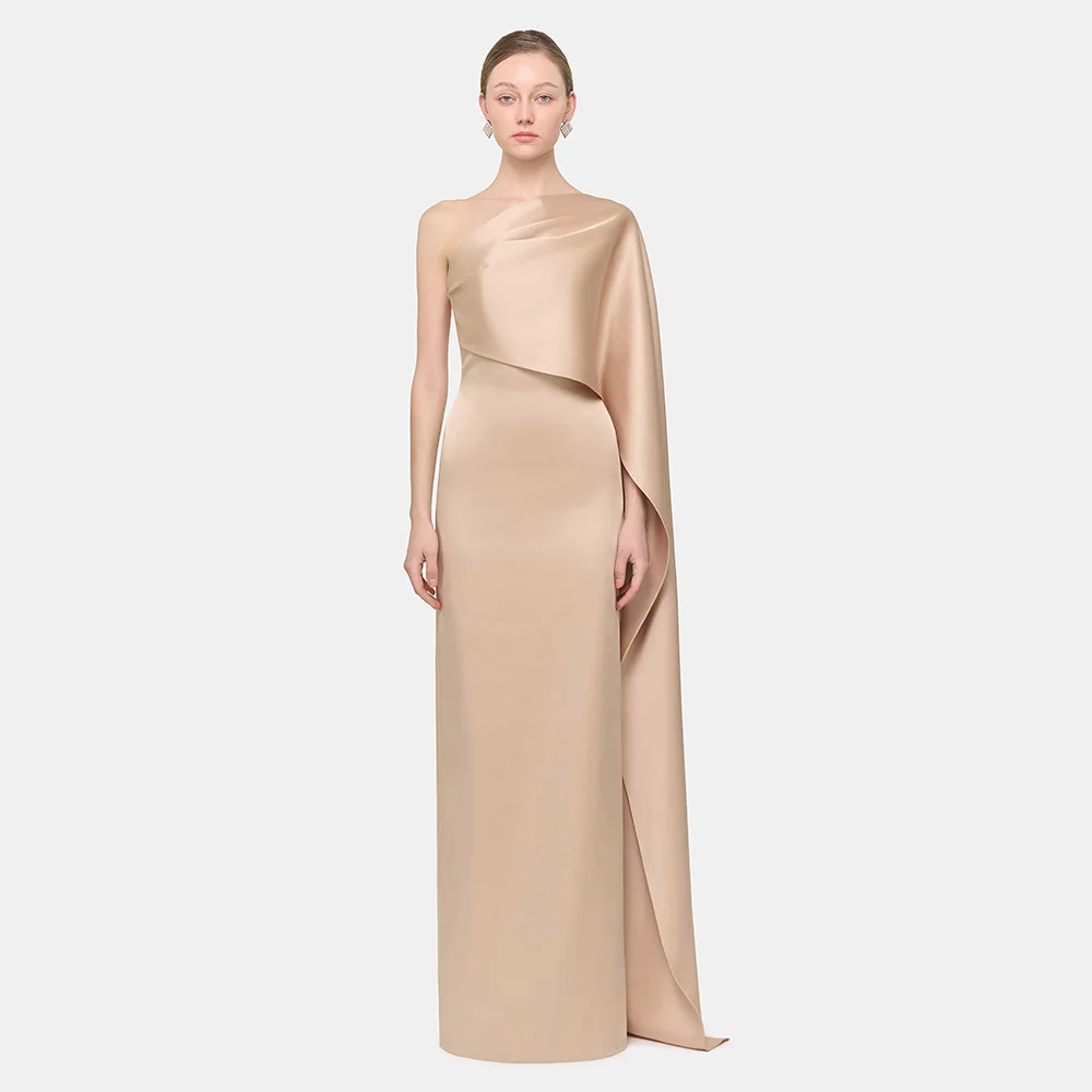 

Champagne Wedding Guest Dresses for Women One Shoulder Column Evening Gowns Long Draped Satin Elegant Formal Party Dress 2025