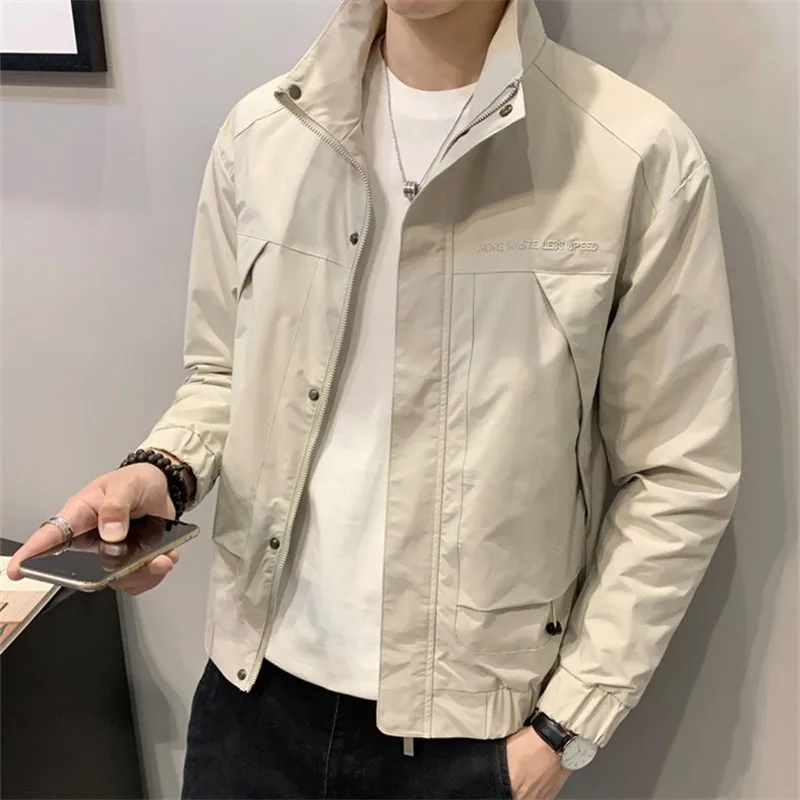 

Cargo Jacket Men's Korean Stand Collar Casual Tops Spring Autumn Zipper Button Solid Coat Long Sleeve Chaqueta Hombre